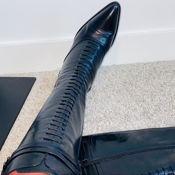 Vintage Victorian Style Via Spiga Black Genuine Patent Leather Laced Knee Boots - Picture 4 of 15